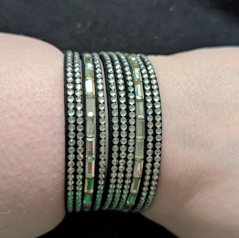 Black Faux Leather and Clear Rhinestone Snap  Wrap Statement Bracelet